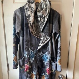 Biya Johnny Was Rocco Hooded Duster Cardigan Sweater Jacket Floral Embroidery